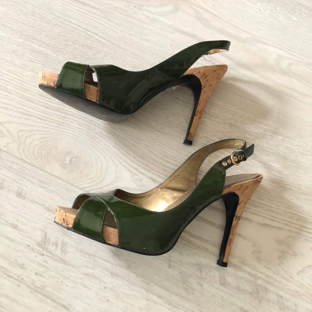 Guess by Marciano Green Leather High Heel Slingback Cork Heels - Picture 6 of 16